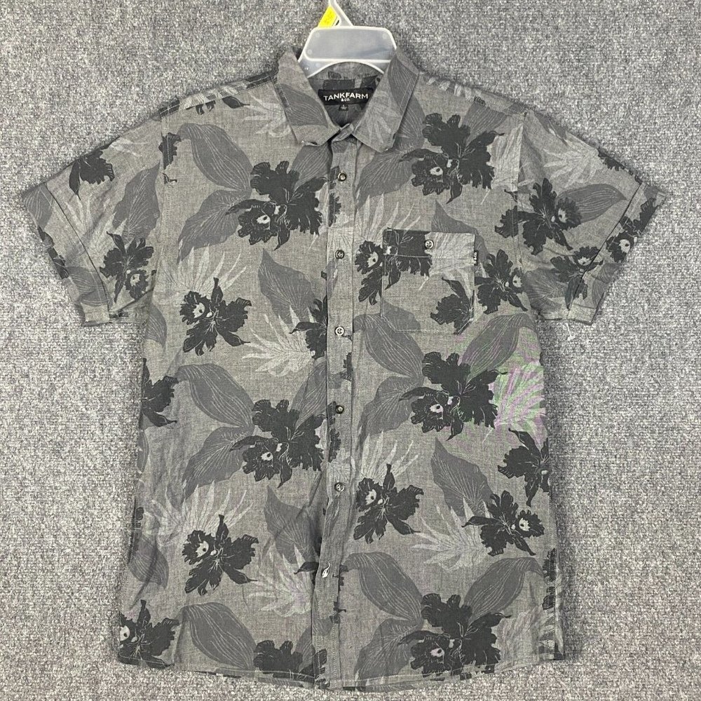 Tankfarm Button Up Shirt Men's Large Hawaiian Gray 100% Cotton Adults L